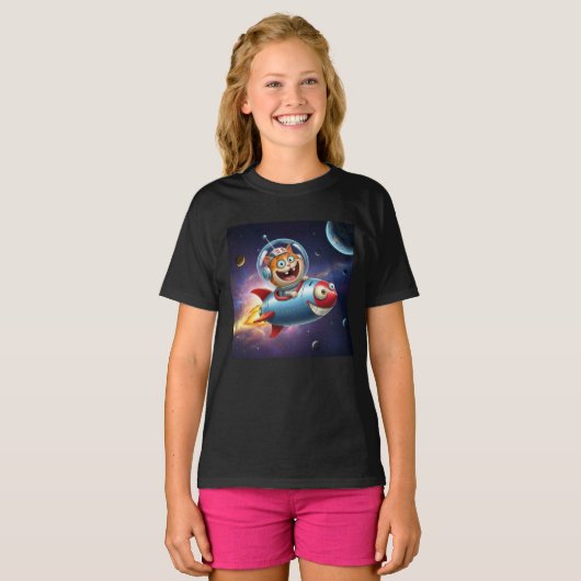 Cosmic Kitty Rocket Ride Funny Space Cat Adventure Tシャツ (正面フル)