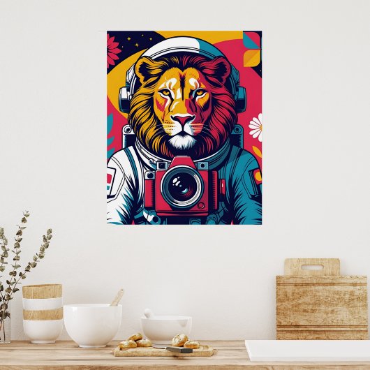 Cosmic Lion – Astronaut Helmet Poster | Bold Space ポスター (キッチン)