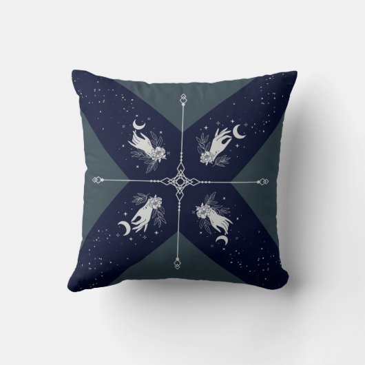 Cosmic Navy Blue and Silver Mystic Moon Hands クッション (裏面)