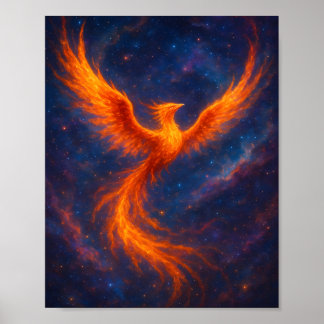 Cosmic Phoenix Rising Fire Bird in Nebula Fantasy ポスター