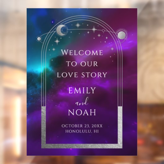 Cosmic Purple Teal Sun Moon Stars Welcome Sign ウィンドウサイン (シート2)