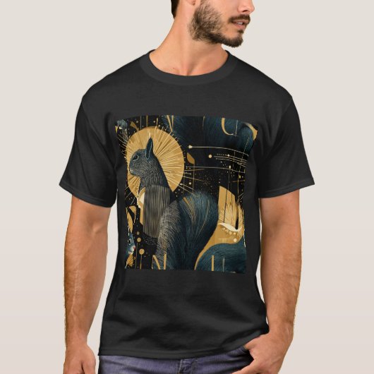 Cosmic Squirrels – Black & Gold Art Deco Pattern Tシャツ (正面)