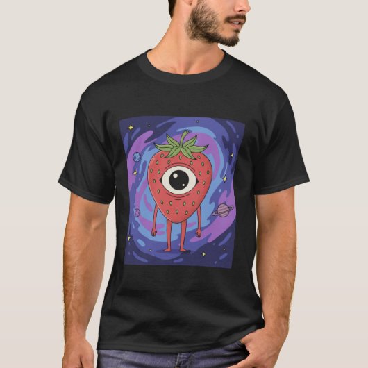 Cosmic Strawberry Alien – Cute Sci-Fi Fruit Tシャツ (正面)