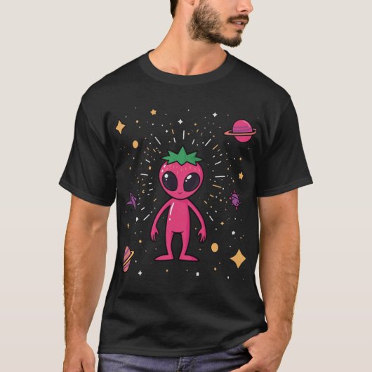 Cosmic Strawberry Alien – Cute Sci-Fi Fruit Tシャツ (正面)