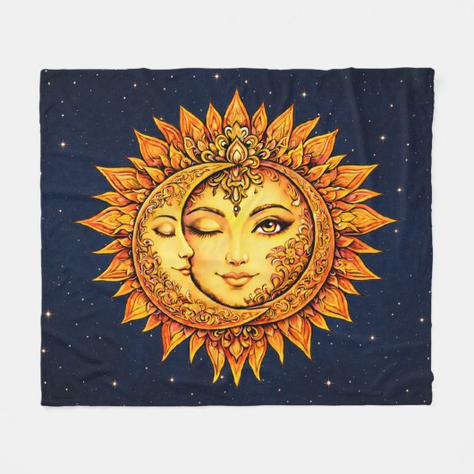 Cosmic Sun Moon Boho Goddess Celestial Mandala Art フリースブランケット (正面(横))