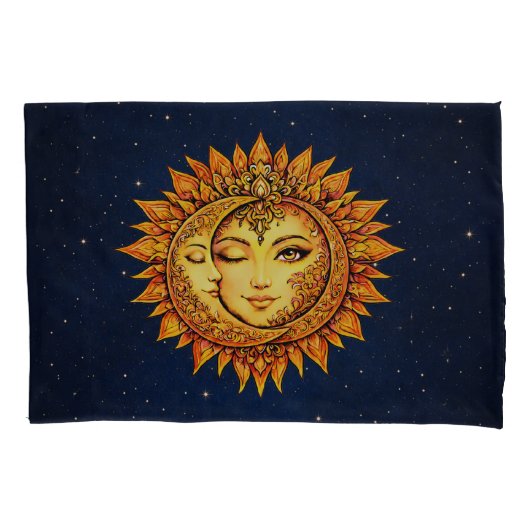 Cosmic Sun Moon Boho Goddess Celestial Mandala Art 枕カバー (正面)