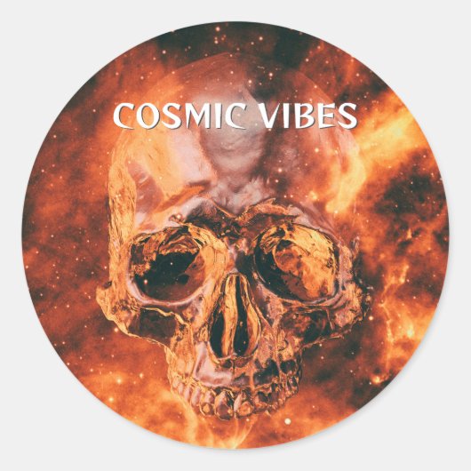 Cosmic Vibes. Flaming skull in space ラウンドシール (正面)
