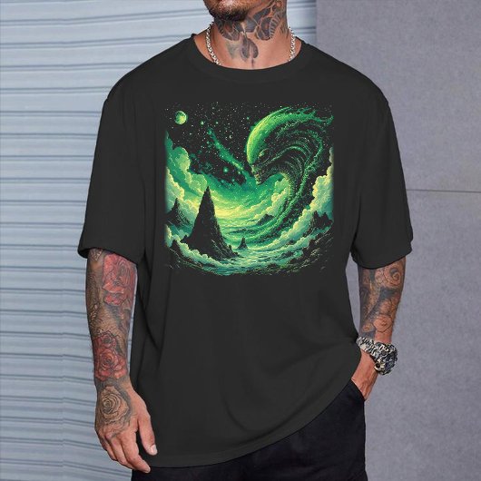 Cosmic Wave T-Shirt: Glowing Green alien Art Tシャツ