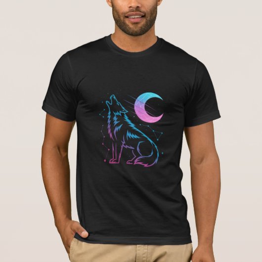Cosmic Wolf Howl – Neon Moon and Stars Tシャツ (正面)