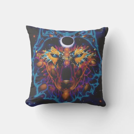 “Cosmic wolf Pillow – Mystical Galaxy Art クッション (正面)