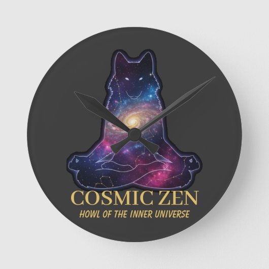 Cosmic Zen Wolf – Meditating Galaxy (NO NUMBERS) ラウンド壁時計 (正面)