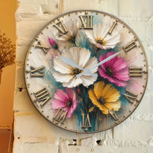 Cosmos Flower Elegant Botanical Floral Decor ラージ壁時計