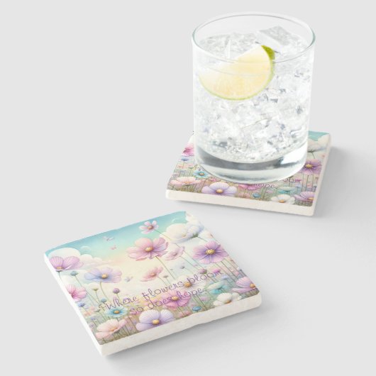 Cosmos Flowers & Quote ストーンコースター (横)