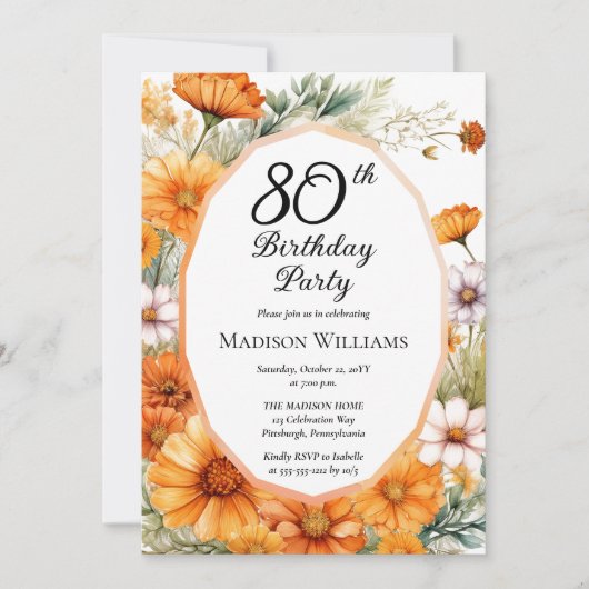 Cosmos | Marigolds Floral 80th Birthday Party 招待状 (正面)