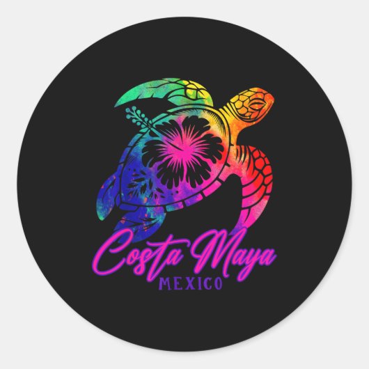 Costa Maya Mexico Tie Dye Sea Turtle Hibiscus Beac ラウンドシール (正面)