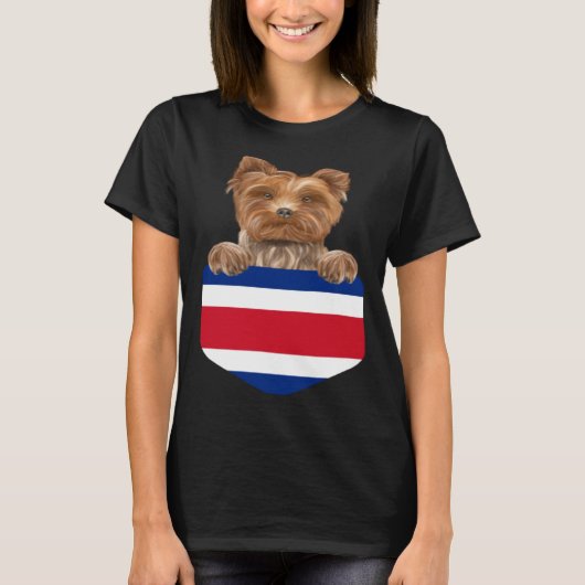 Costa Rica Flag Yorkshire Terrier Dog In Pocket Tシャツ (正面)