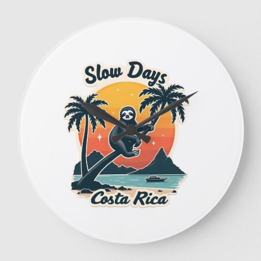 Costa Rica Sloth Vintage Sunset Travel Vector Shir ラージ壁時計 (正面)