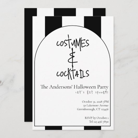Costumes and Cocktails Halloween Party Stripe 招待状 (正面/裏面)