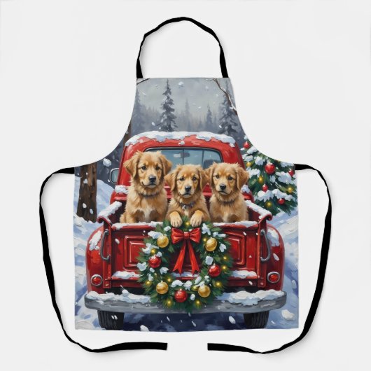 Coton de Tulear Christmas Red Truck Holiday エプロン (正面)