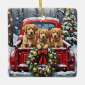 Coton de Tulear Christmas Red Truck Holiday セラミックオーナメント (正面)