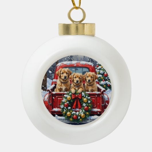 Coton de Tulear Christmas Red Truck Holiday セラミックボールオーナメント (正面)