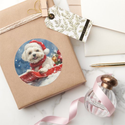 Coton De Tulear in Sledge Let it Snow Christmas ラウンドシール (ギフト)