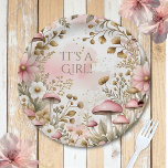 Cottage Core Mushrooms and Flowers | It's a Girl ペーパープレート<br><div class="desc">A pretty pink and gold cottage core flowers and mushrooms paper plate for a baby shower with text that says,  "it's a girl."</div>