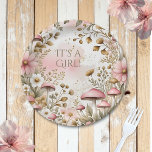 Cottage Core Mushrooms and Flowers | It's a Girl ペーパープレート<br><div class="desc">A pretty pink and gold cottage core flowers and mushrooms paper plate for a baby shower with text that says,  "it's a girl."</div>