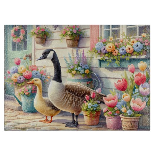 Cottage Garden Geese Spring Illustration カッティングボード (正面)