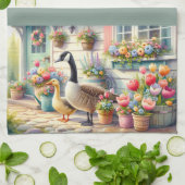 Cottage Garden Geese Spring Illustration キッチンタオル (折り畳み)