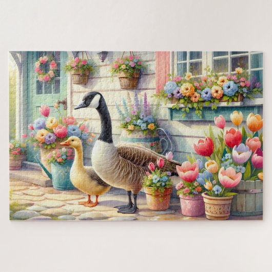 Cottage Garden Geese Spring Illustration ジグソーパズル (横)