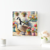 Cottage Garden Geese Spring Illustration スクエア壁時計 (ホーム)