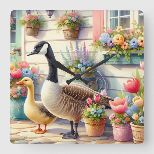 Cottage Garden Geese Spring Illustration スクエア壁時計 (正面)