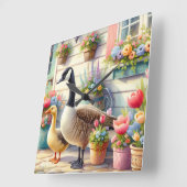 Cottage Garden Geese Spring Illustration スクエア壁時計 (傾斜)