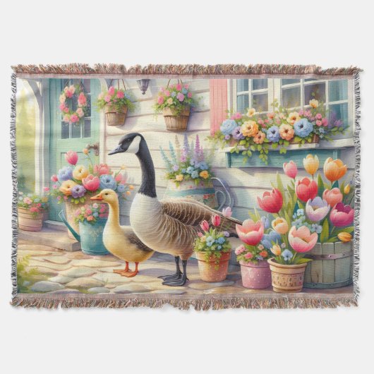 Cottage Garden Geese Spring Illustration スローブランケット (正面)