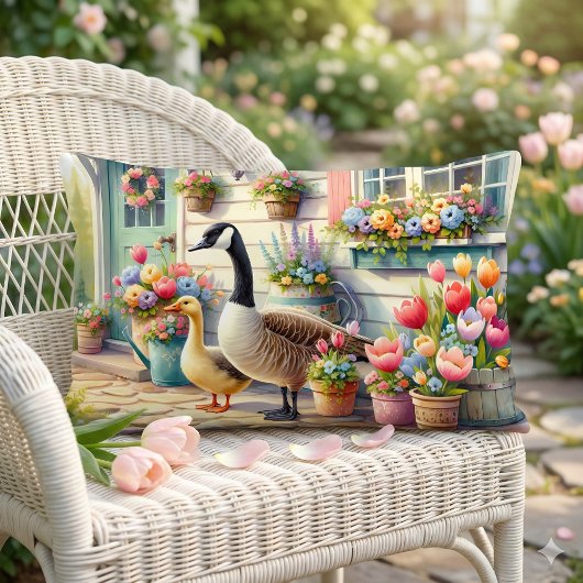 Cottage Garden Geese Spring Illustration ランバークッション