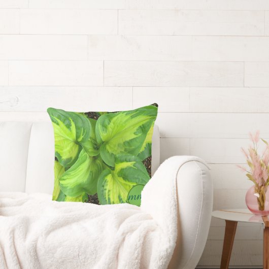Cottage Garden Hosta Leaf Monogram Pillow クッション (ソファ)