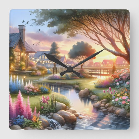 Cottage Garden Stream at Sunset スクエア壁時計 (正面)