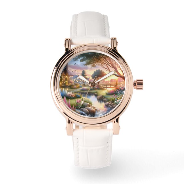 Cottage Garden Stream at Sunset 腕時計 (正面)