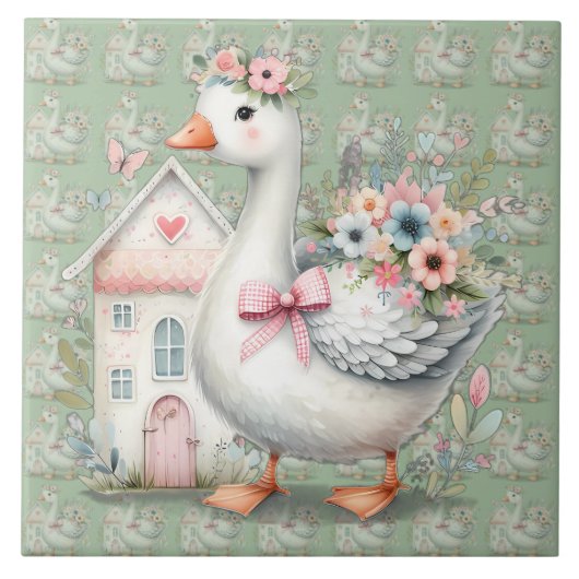 Cottage Goose Floral House Scene タイル (正面)