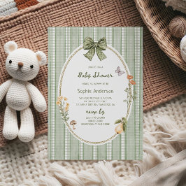 Cottage Green Bow Frame Baby Shower 招待状