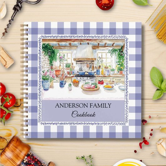 Cottage Kitchen Navy Blue Gingham Family Recipe ノートブック