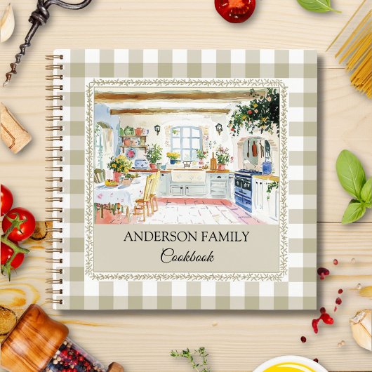 Cottage Kitchen Olive Green Gingham Family Recipe ノートブック