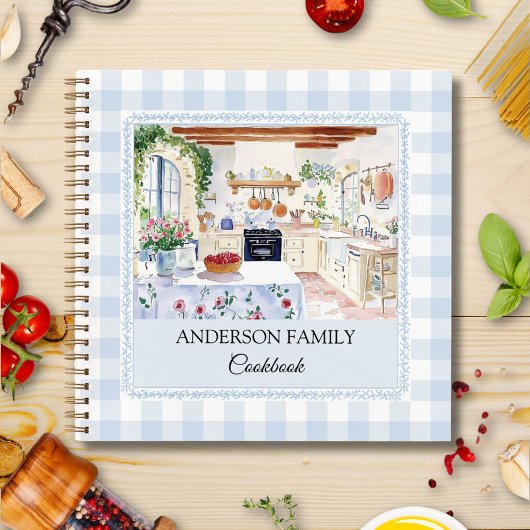 Cottage Kitchen Soft Blue Gingham Family Recipe ノートブック