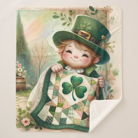 Cottage Leprechaun Patchwork Quilt Scene シェルパブランケット (正面)