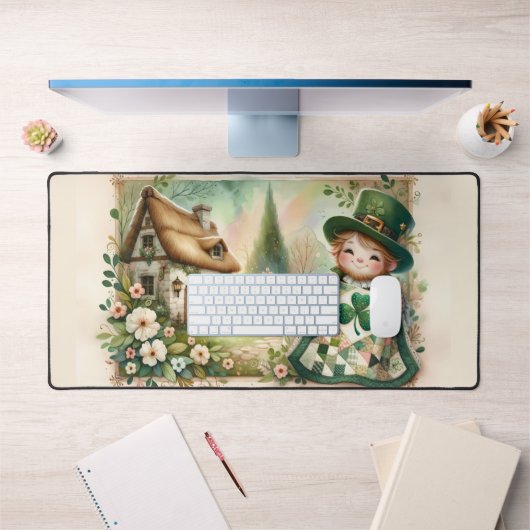 Cottage Leprechaun Patchwork Quilt Scene デスクマット (オフィス1)