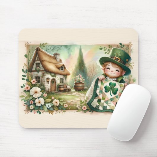 Cottage Leprechaun Patchwork Quilt Scene マウスパッド (マウス)