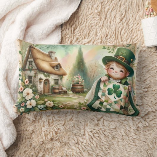 Cottage Leprechaun Patchwork Quilt Scene ランバークッション (ブランケット)