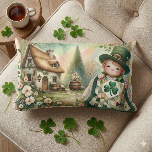 Cottage Leprechaun Patchwork Quilt Scene ランバークッション