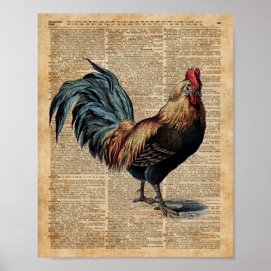 Cottage Rooster Vintage Dictionary Book Page ポスター (正面)